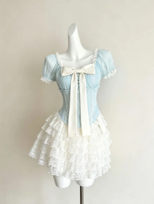 Sweet Light Blue Two-Piece Lace Square Neck Short Puff Sleeve Bow Corset Top White Multi-Layer Ruffle Lace A Line Skirt Short Homecoming Dress AS1631
