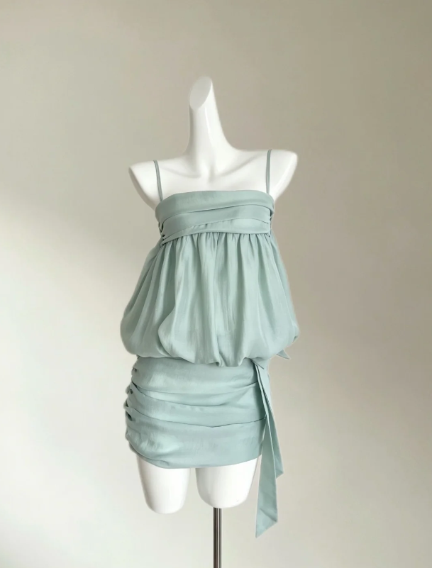 Elegant Sage Spaghetti Strap Pleated Bubble Blouse Top Ruched Bodycon Skirt Side Long Sash Short Homecoming Dress AS1636