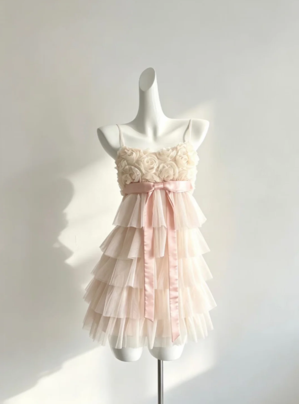 Romantic Blush 3D Rose Spaghetti Strap Bow Multi-Layer Tulle A Line Short Homecoming Dress AS1637