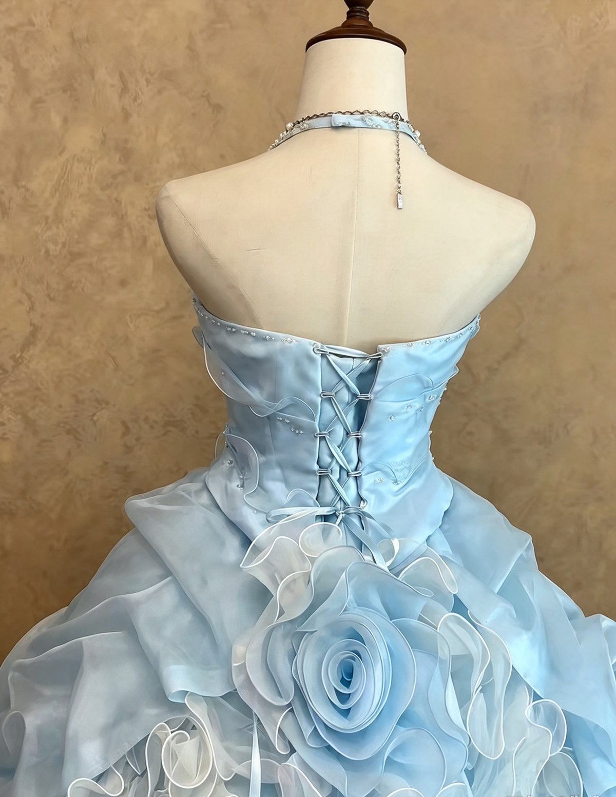 Ethereal Light Blue Halter Beaded Ruffled 3D Flower Ball Gown Quinceanera Dress Long Prom Dress AD1465
