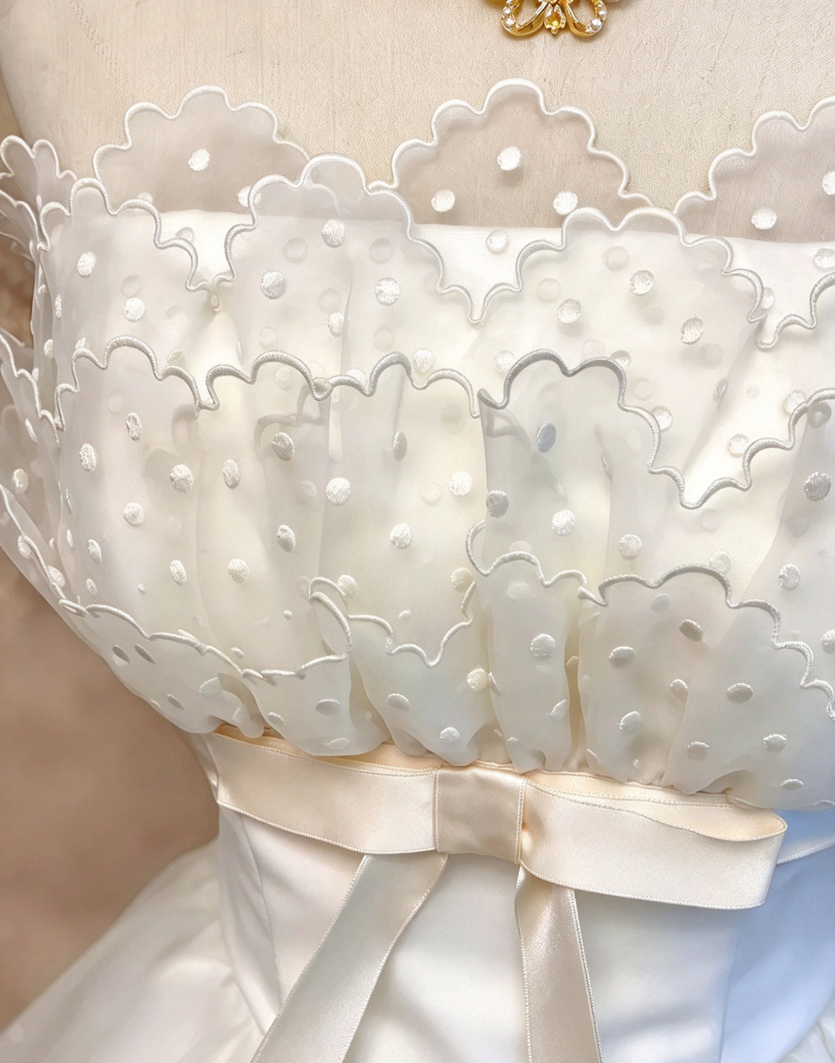 Pure White Strapless Bow Dot Tiered Tulle A Line Long Quinceanera Dress Birthday Dress Prom Dress AD1466