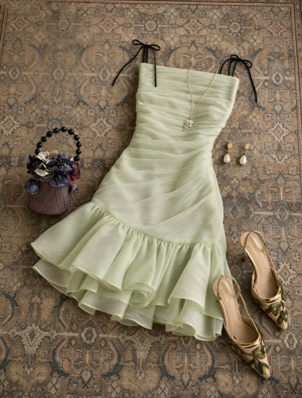 Chic Mint Green Bow Tie Spaghetti Straps Ruched Ruffle Hem Bodycon Short Homecoming Dress AS1646