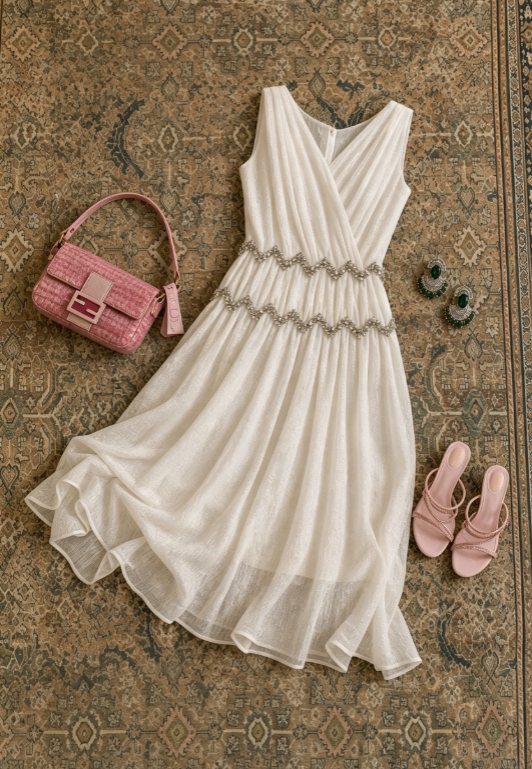 Elegant Ivory V-Neck Sleeveless Wave Rhinestone Waist A Line Midi Homecoming Dress AS1647