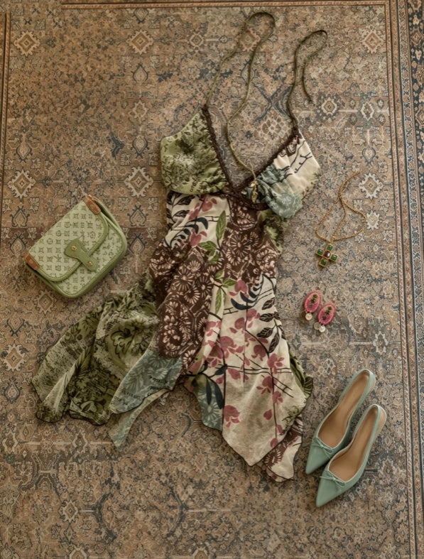 Vintage Floral Print Halter V-Neck Irregular Ruffle Hem A Line Short Homecoming Dress AS1649