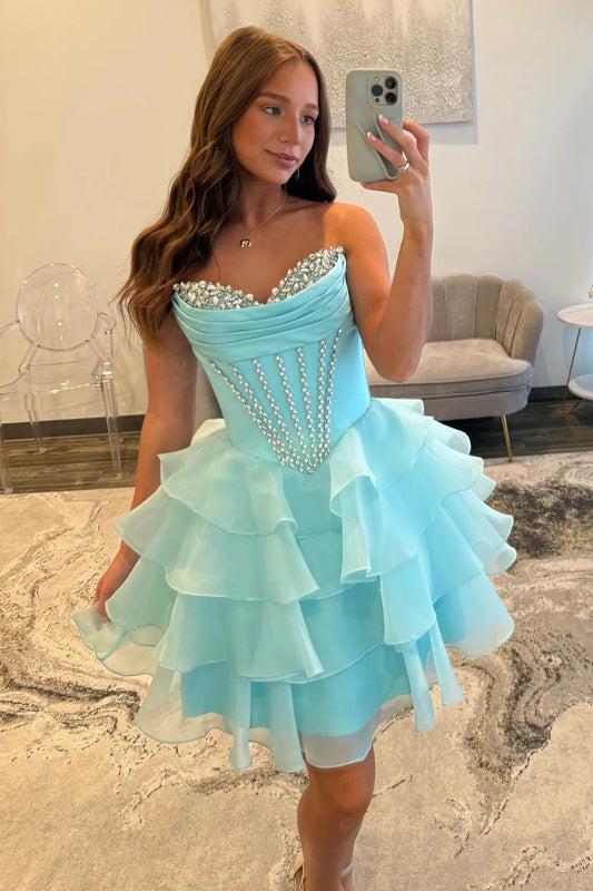 Glam Aqua Sweetheart Homecoming Dress With Rhinestone Bodice And Layered Ruffle Skirt AS165