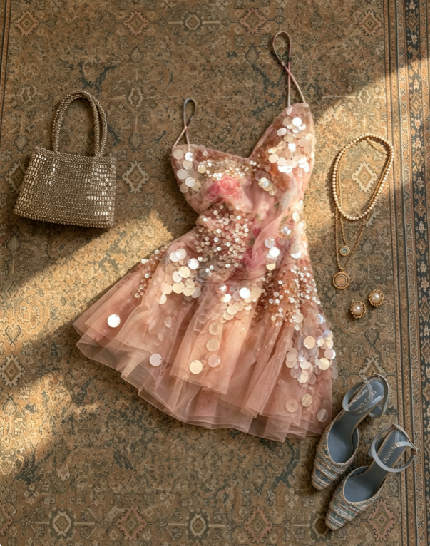 Sparkling Pink Floral Printed Spaghetti Strap V-Neck Big Sequins Overlay Tiered Tulle A Line Short Homecoming Dress AS1650