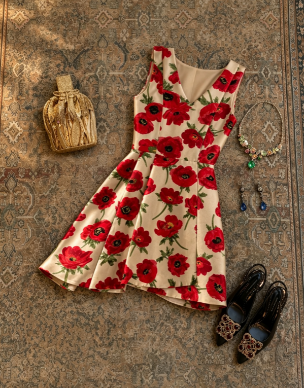 Vivid Ivory Sleeveless V-Neck Bold Red Floral Print A Line Short Homecoming Dress AS1651
