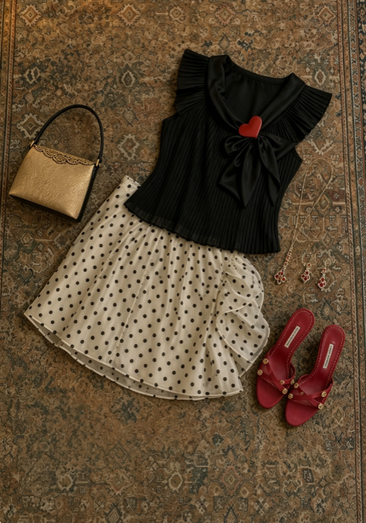 Chic Black Sleeveless Ruffle Collar Red Heart And Big Bow Decor Top+ White Polka Dot Ruffled Bodycon Short Skirt Set Homecoming Dress AS1657
