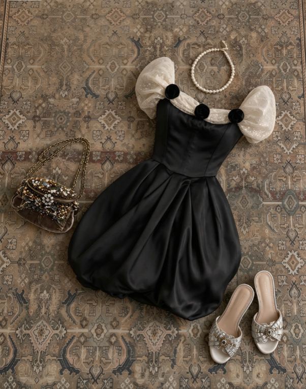 Elegant Black Square Neck Short Puff Sleeves 3D Black Rose Trim Corset Satin Short A Line Bubble Homecoming Dress AS1658
