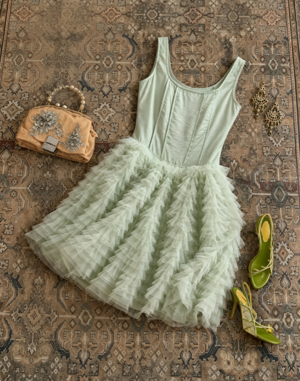 Dainty Mint Green U-Neck Sleeveless Tiered Ruffle Tulle A Line Short Homecoming Dress AS1670