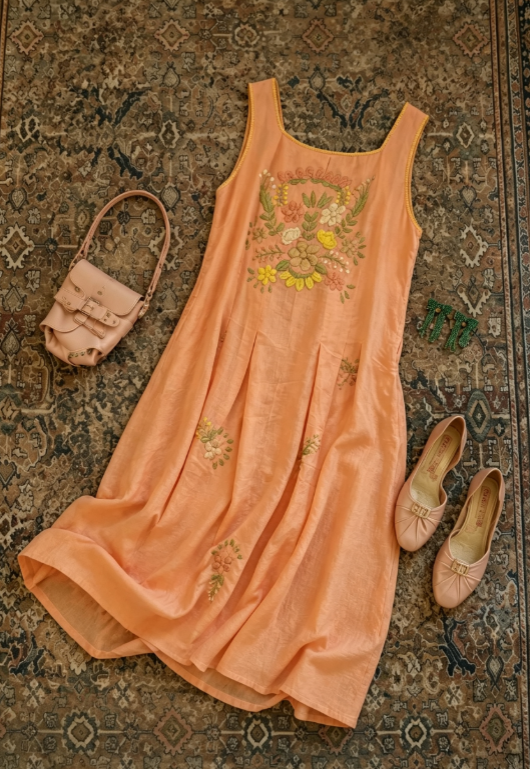 Vintage Orange Square Neck Sleeveless Floral Embroidery A Line Midi Homecoming Dress AS1671