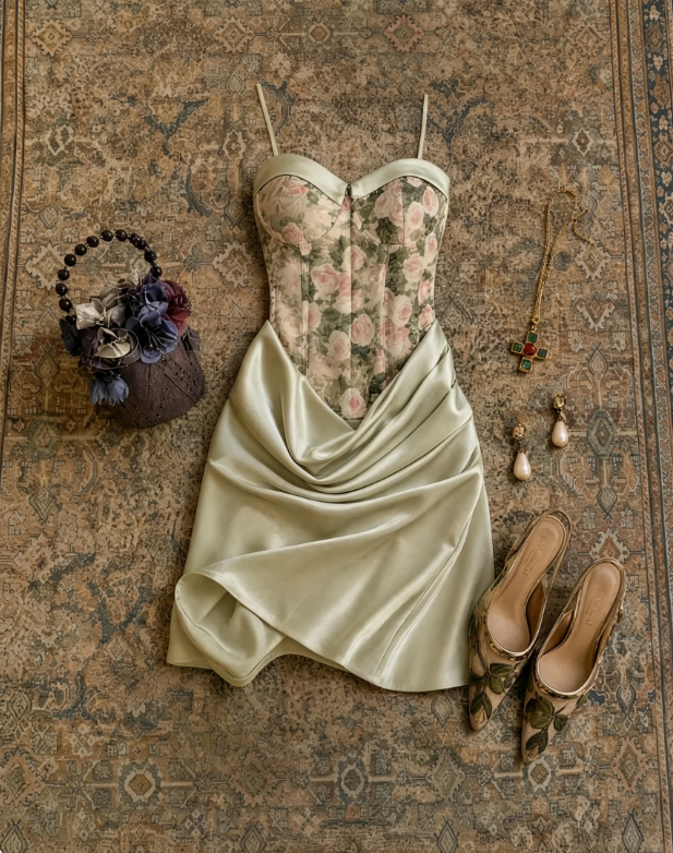 Luxe Sage Green Spaghetti Strap Floral Print Corset Draped Ruched Bodycon Satin Short Homecoming Dress AS1675