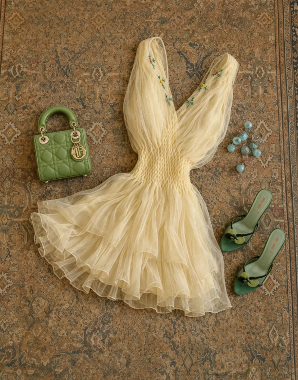 Fresh Yellow V-Neck Floral Embroidery Tiered Ruffle Flowy Tulle A Line Short Homecoming Dress AS1679