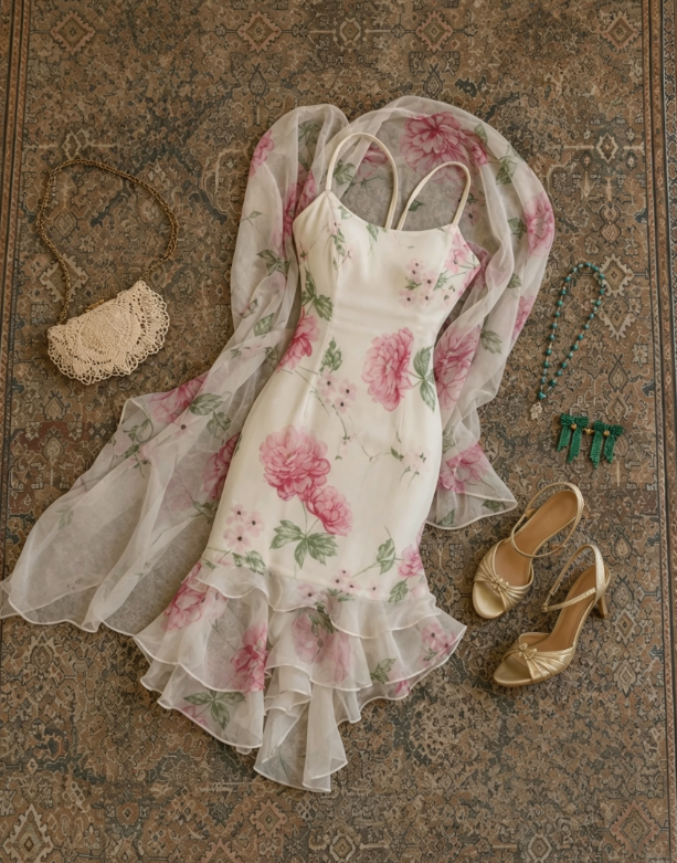 Romantic White Pink Print Spaghetti Strap Ruffle Hem Mermaid Short Homecoming Dress With Matching Chiffon Shawl AS1680