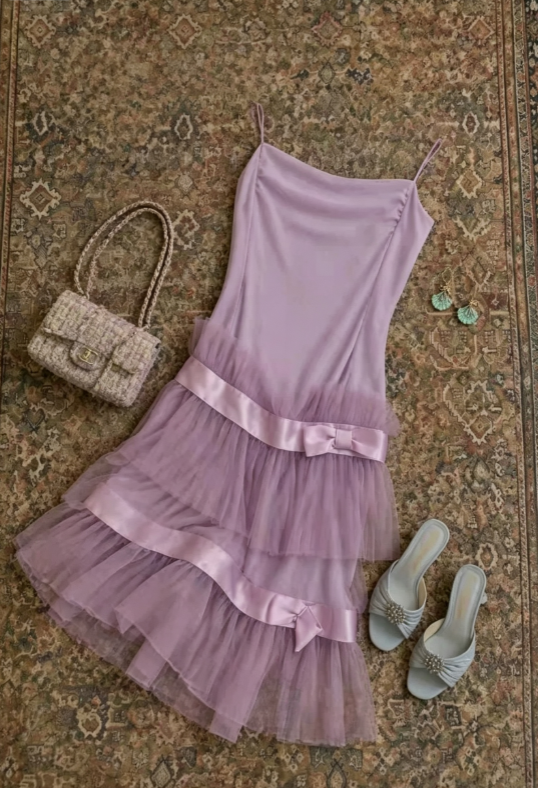 Elegant Lavender Spaghetti Strap Satin Bow Tiered Ruffled Tulle A Line Short Homecoming Dress AS1684