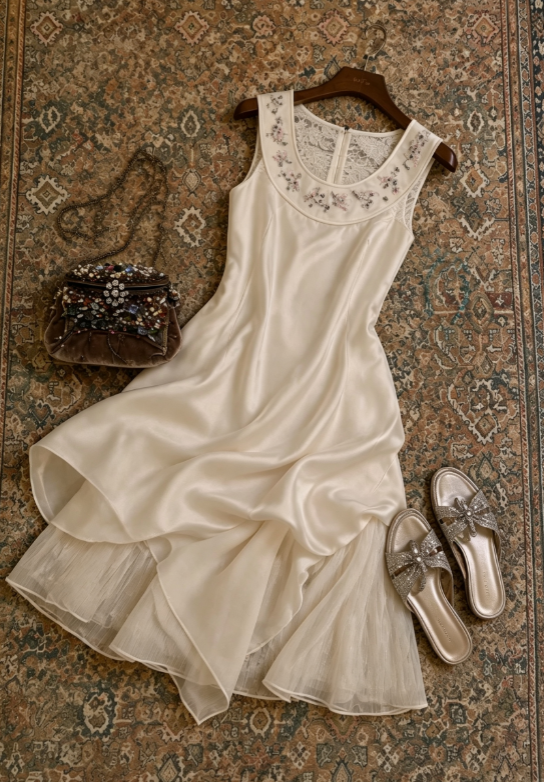 Elegant Ivory Floral Embroidery Round Neck Sleeveless Satin Tulle A Line Midi Homecoming Dress AS1685