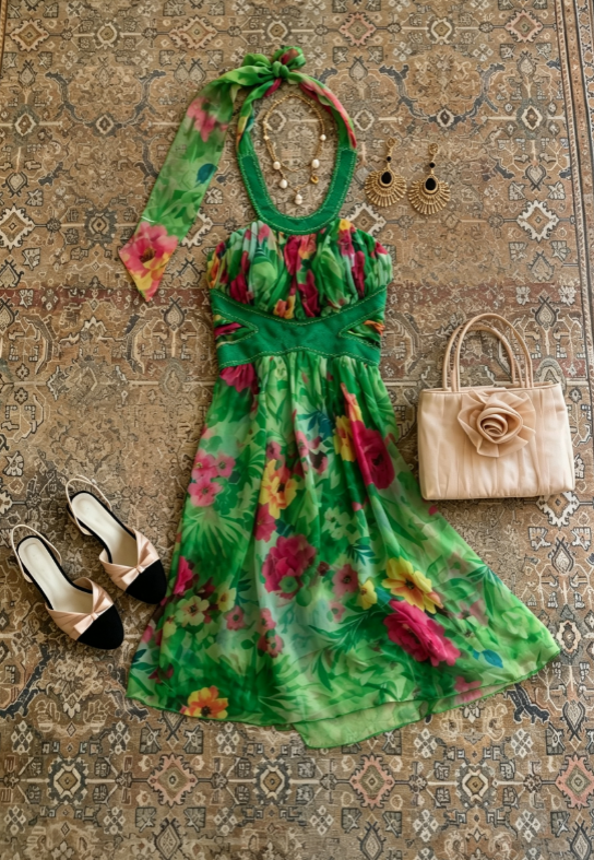 Vivid Green Floral Halter Flowy Chiffon A Line Short Homecoming Dress AS1687