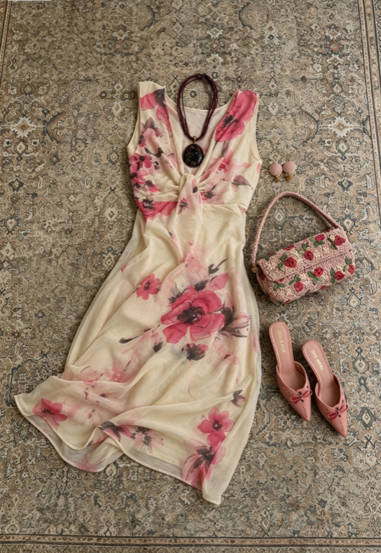 Elegant Ivory Sleeveless Twist Front V-Neck Watercolor Red Floral Chiffon Flowy A Line Midi Homecoming Dress AS1691
