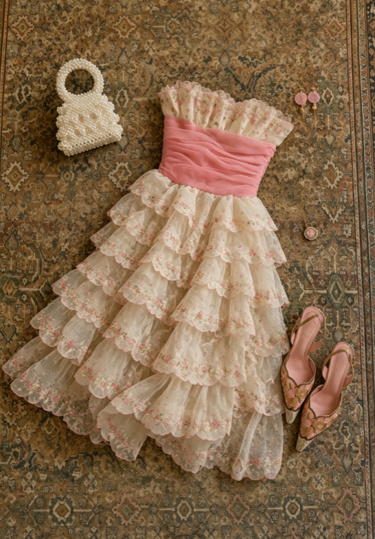 Romantic Pink Strapless Ruched Waist Floral Tiered Ruffle A Line Midi Hoecoming Dress AS1699