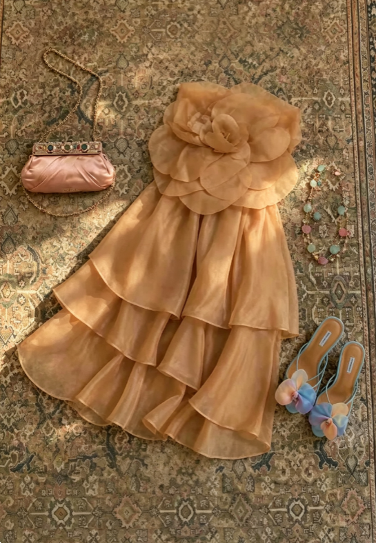 Luxurious Champagne 3D Big Flower Strapless Organza Multi-Layer Ruffle A Line Short Homecoming Dress AS1700