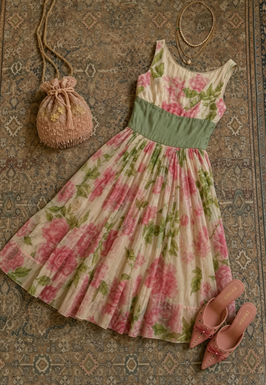 Vintage Pink Floral Print Sleeveless U-Neck A Line Midi Homecoming Dress AS1701