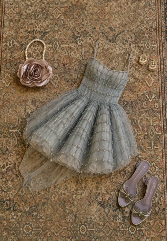 Delicate Dusty Blue Beaded Grid Spaghetti Strap A Line Tutu Short Tulle Homecoming Dress AS1705