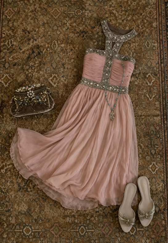 Vintage Dusty Pink Halter Keyhole Rhinestone Trim Ruched A Line Chiffon Flowy Midi Homecoming Dress AS1706