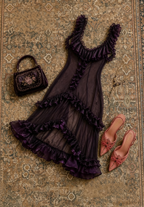 Romantic Dark Purple Sheer Mesh Ruffle Trim Square Neck Strap Tiered Sheath Midi Homecoming Dress AS1713