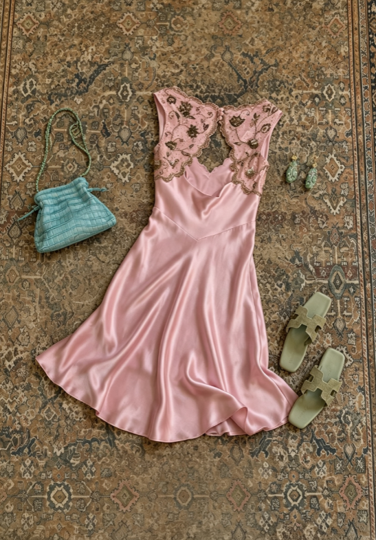 Delicate Pink V Neck Sleeveless Floral Beaded Cutout Back Satin A Line Midi Homecoming Dress AS1714