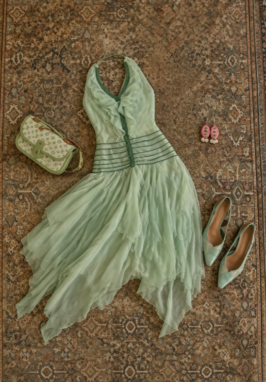Fresh Mint Green Halter V-Neck Ruffle Beaded Waist A Line Chiffon Irregular Hem Flowy Short Homecoming Dress AS1715