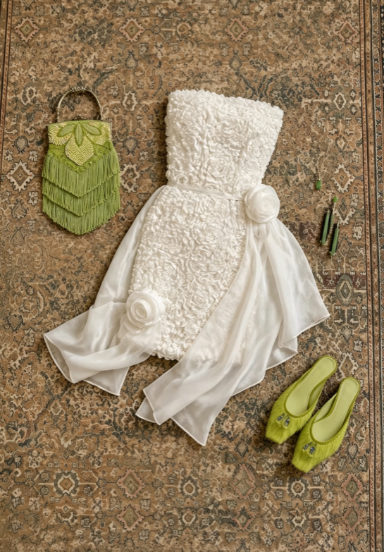 Elegant White Strapless 3D Floral Textured Bodycon Short Homecoming Dress With Chiffon Sash And Big Floral AS1717