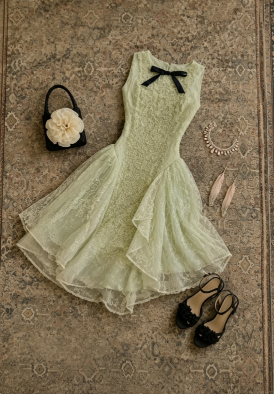 Fresh Sage Green Lace Round Neck Sleeveless Black Bow A Line Short Homecoming Dress AS1718