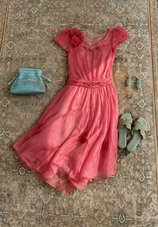 Romantic Hot Pink Short Sleeve V-Neck 3D Floral Beaded Chiffon A Line Midi Homecoming Dress AS1719