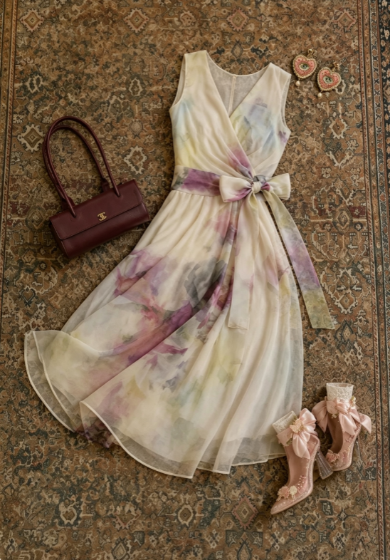Dreamy Watercolor Floral Sleeveless V-Neck Chiffon A Line Midi Homecoming Dress With Matching Waist Sash AS1721