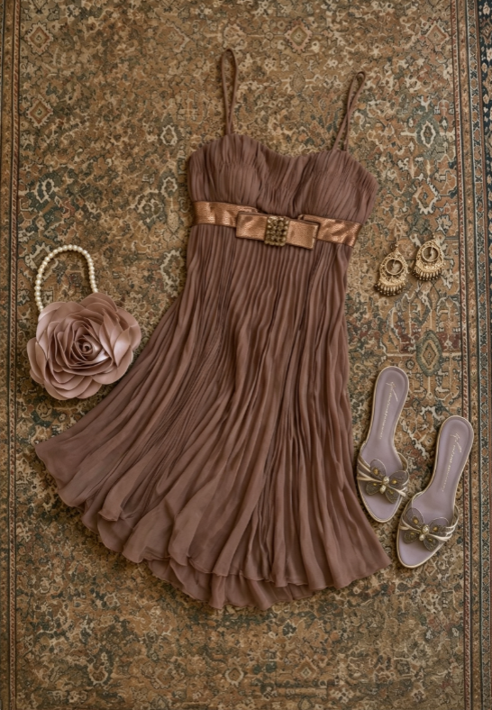 Vintage Brown Spaghetti Strap Bow Waist Pleated Chiffon A Line Short Homecoming Dress AS1722