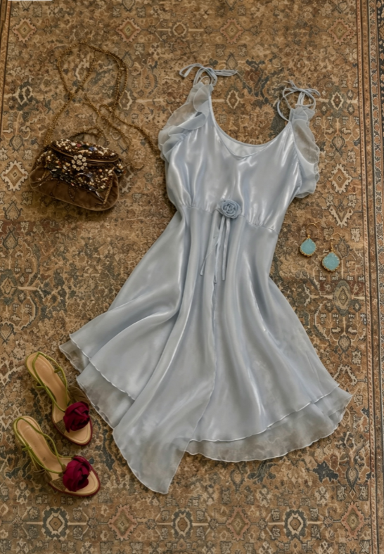 Dainty Sky Blue Spaghetti Strap 3D Flower Satin A Line Short Homecoming Dress AS1723