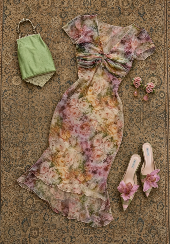 Romantic Floral V-Neck Short Sleeve Twist Front Mermaid Chiffon Midi Homecoming Dress AS1724