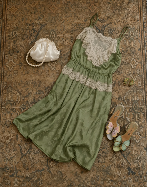 Vintage Olive Green Jacquard Spaghetti Strap Satin A Line Short Homecoming Dress With White Lace Neckline & Waist Trim AS1727