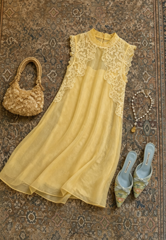 Fresh Yellow Round Neck Sleeveless Floral Lace A Line Chiffon Short Homecoming Dress AS1729