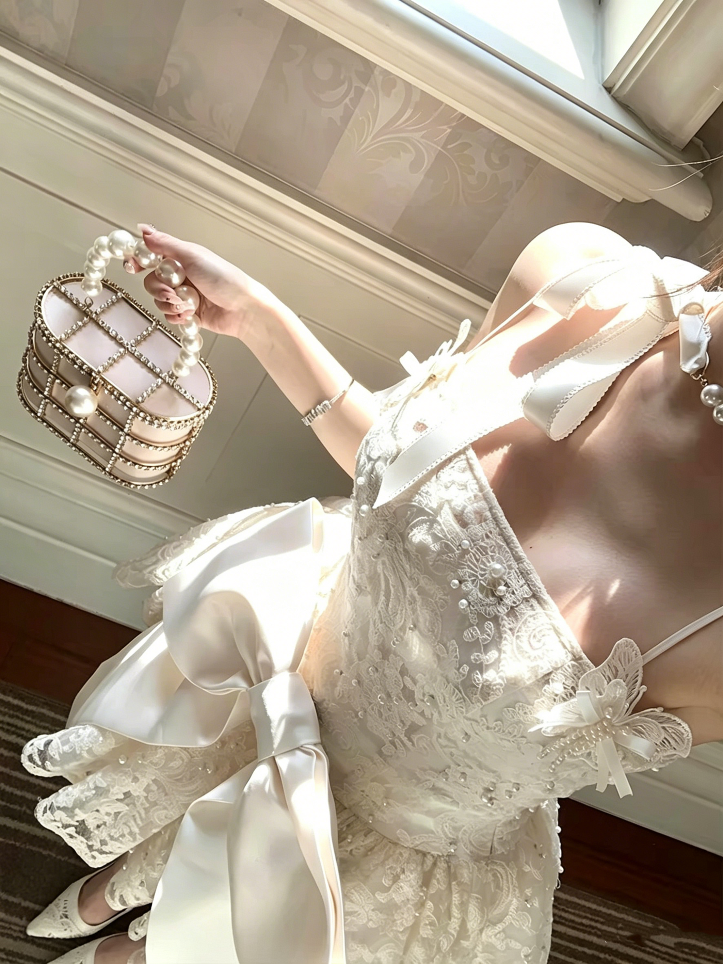 White Lace Beaded Spaghetti Strap Homecoming Dress With Removable Satin Bow AS178