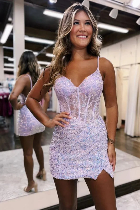 Stunning Sparkly Backless Spaghetti Straps Short Tight Sequin Dress Homecoming Dress AS180