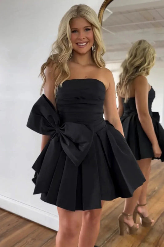Cute A-Line Strapless Short Satin Dress With Bow Homecoming Dress AS182