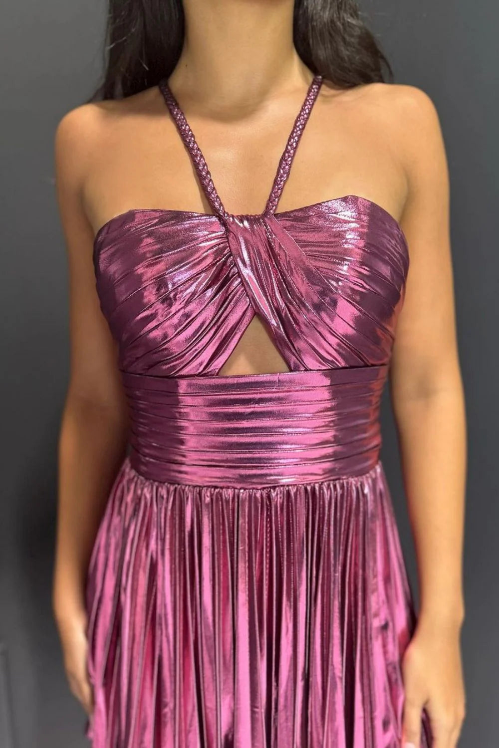 Gold Metallic A-Line Mini Dress With Halter Neck Cut Homecoming Dress AS183