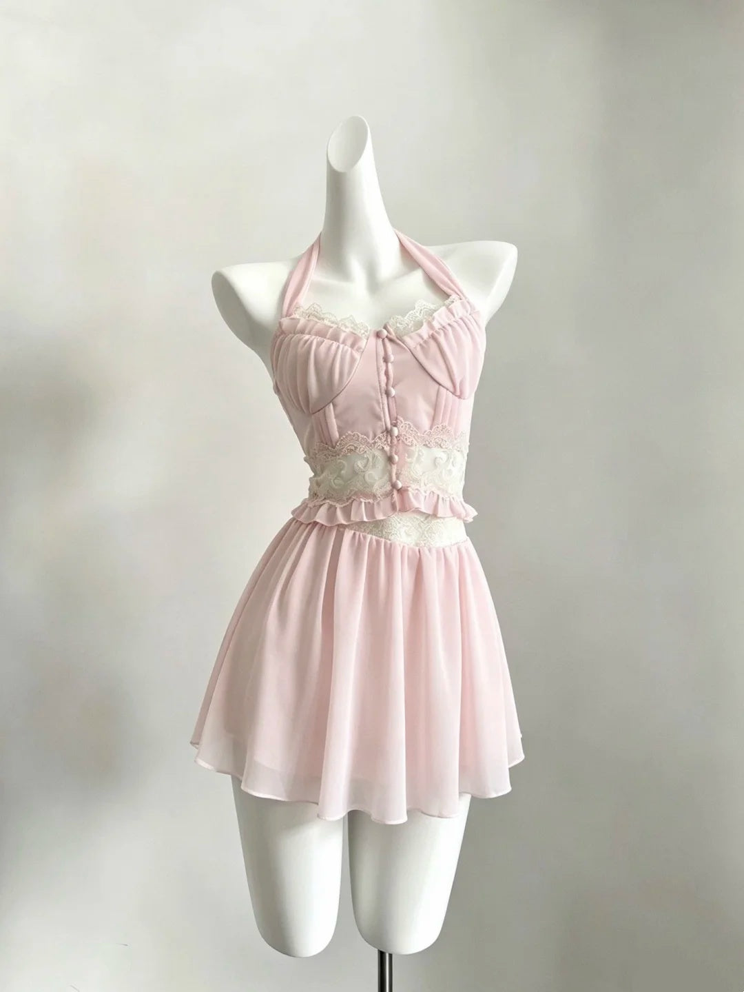 Chic Light Pink Halter Sheer Lace Waist A Line Flowy Chiffon Short Homecoming Dress AS1889