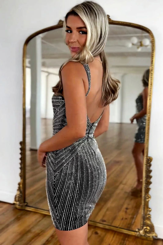 Black Glitter Bodycon Homecoming Dress With Beaded Straps And Short Fitted Silhouette AS192