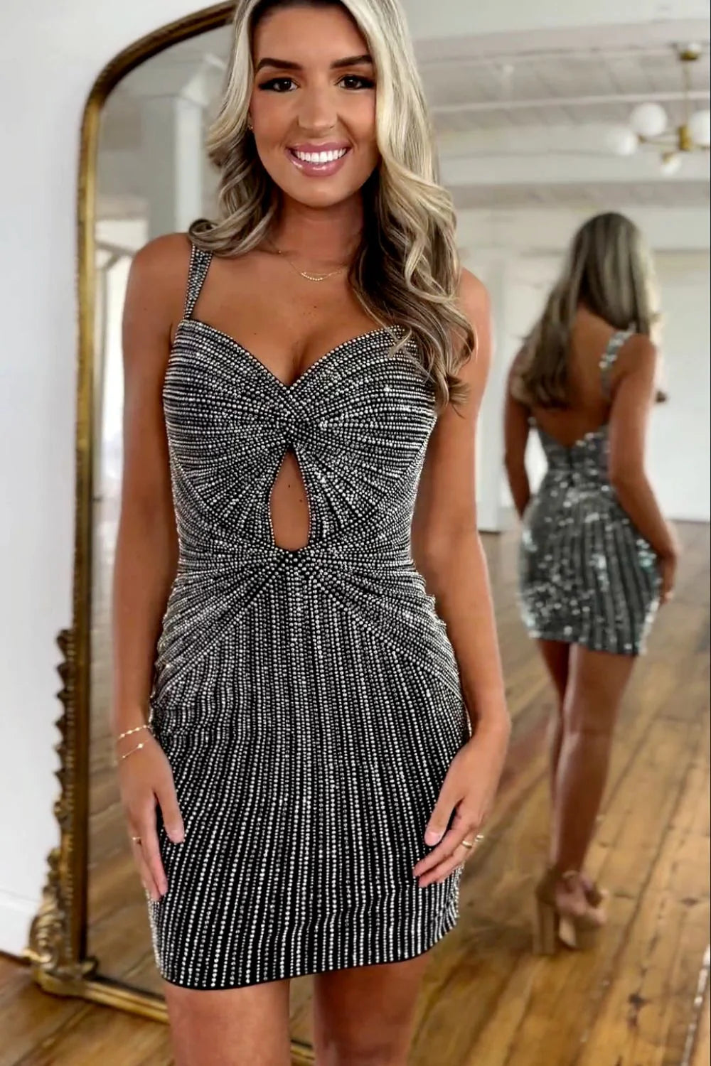 Black Glitter Bodycon Homecoming Dress With Beaded Straps And Short Fitted Silhouette AS192