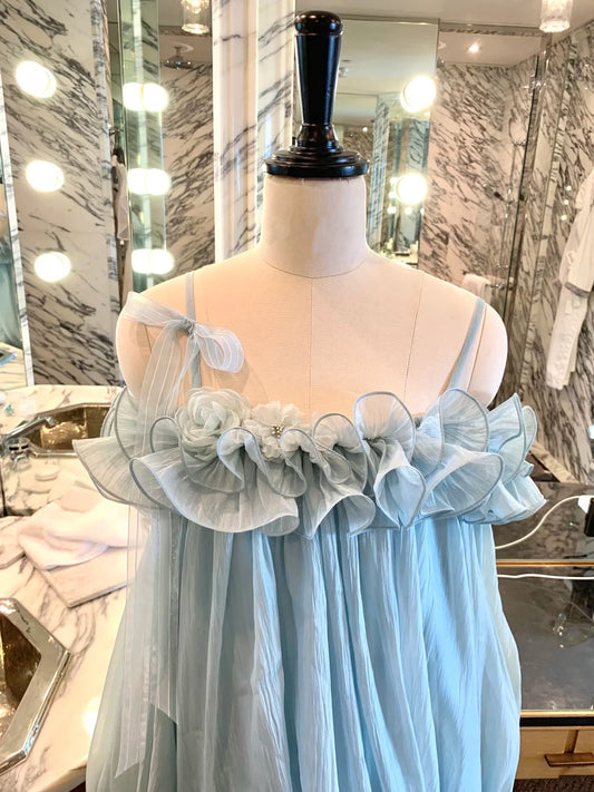 Airy Dusty Blue Spaghetti Straps Side Bow Floral Ruffled Neck Long Sleeve Tie Cuff Loose A Line Flowy Short Homecoming Dress AS1939