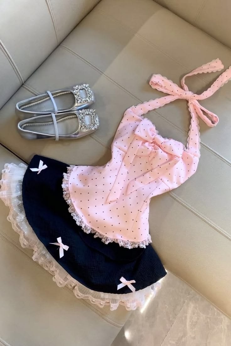 Playful Pink Black Polka Dot Halter Bows Lace Trim A Line Short Homecoming Dress AS2007