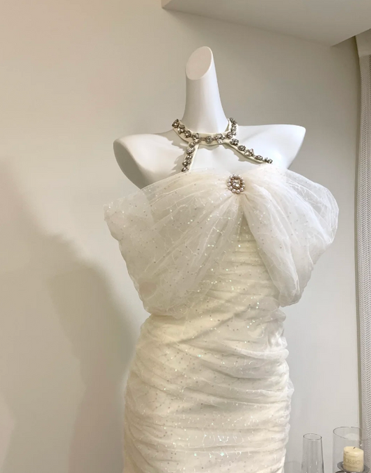 Sparkly White Off The Shoulder Sequin Tulle Bodycon Mini Dress With Rhinestone Neckline Party & Homecoming Dress AS202