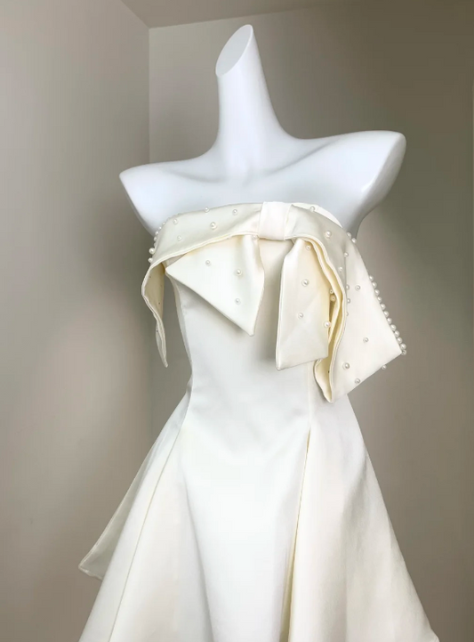 Elegant Ivory Strapless Satin A Line Mini Dress With Pearl-Embellished Bow - Homecoming & Sweet 16 Party Dress AS204